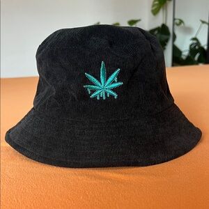 Black Bucket Hat with Teal Leaf Embroidery